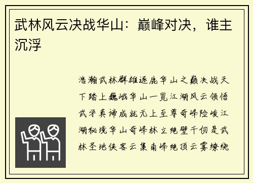 武林风云决战华山：巅峰对决，谁主沉浮